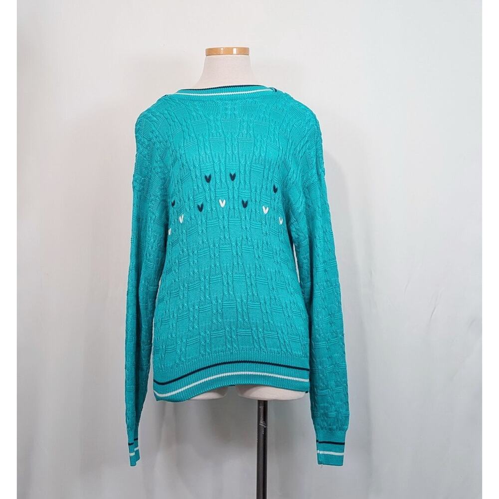 Vintage 80s Sweater Teal Blue Cable Knit Hearts Cotton Women's Size 46 XL